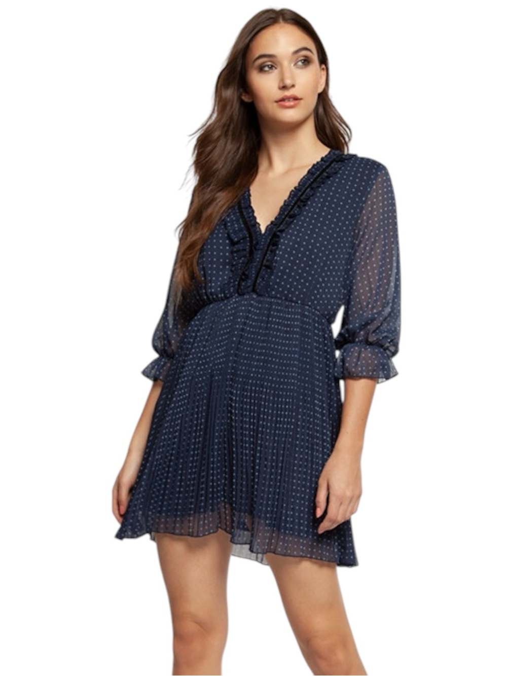 Dex Navy Polka Dot Ruffle/Pleated V-Neck 3/4 Sleeve Chiffon Mini Dress (XS)